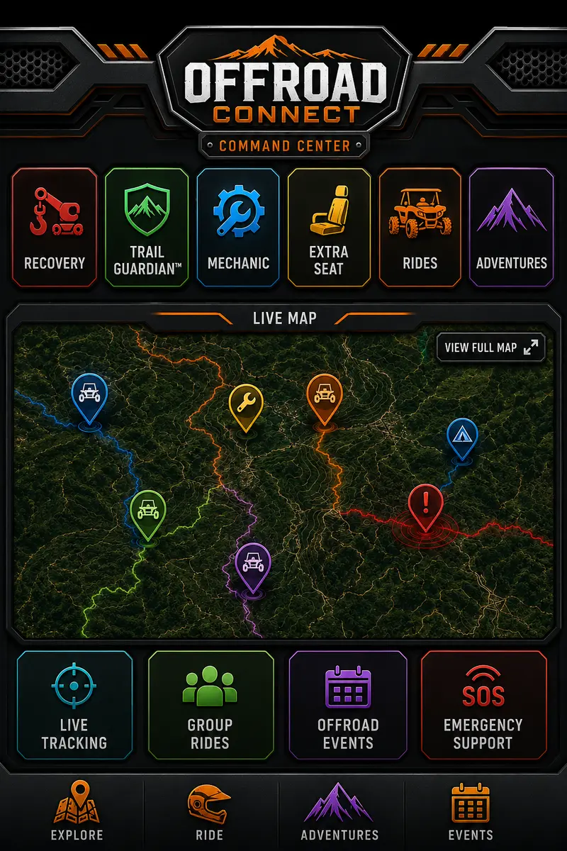 Off-Road Connect command center with riding map and support controls