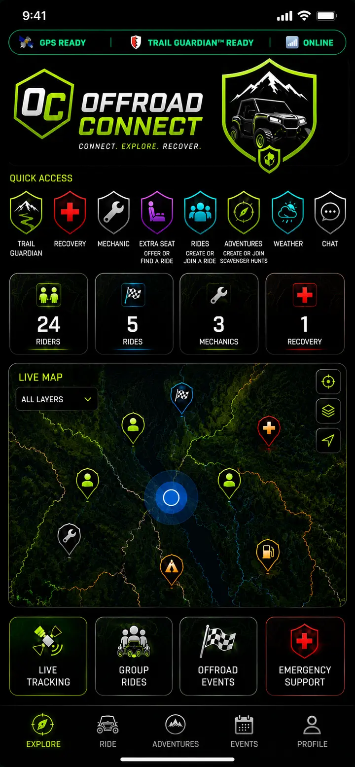Off-Road Connect rider dashboard with maps, rides, weather, chat, and emergency tools