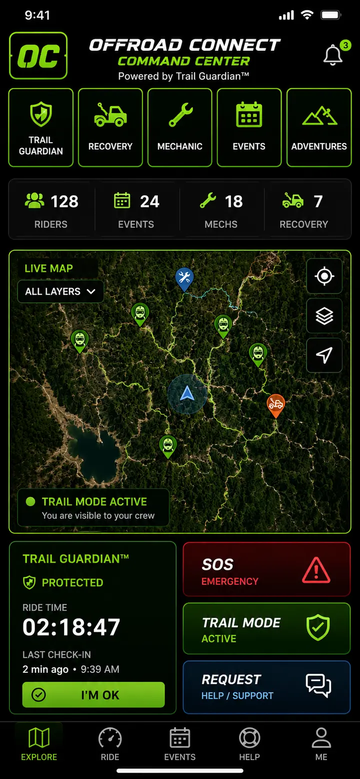 Off-Road Connect live map and Trail Guardian dashboard