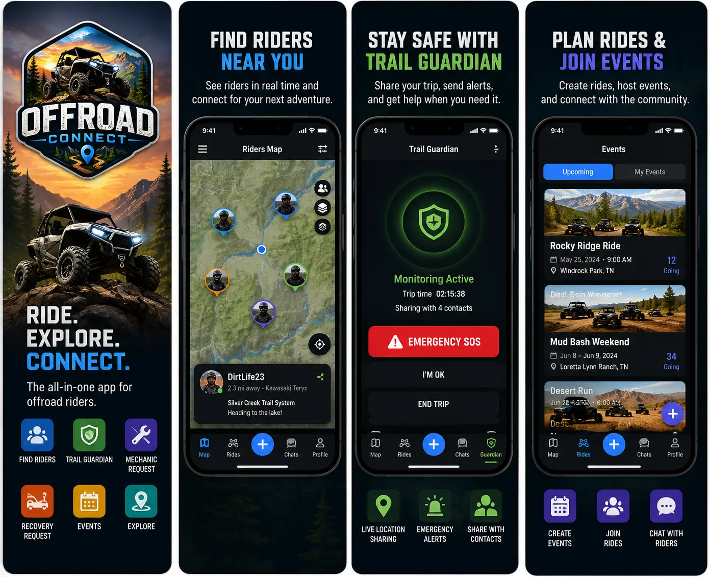 Off-Road Connect map, Trail Guardian, and event features